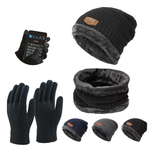 Kit Frio Touca Forrada Lã + Protetor De Pescoço + Luva Touch