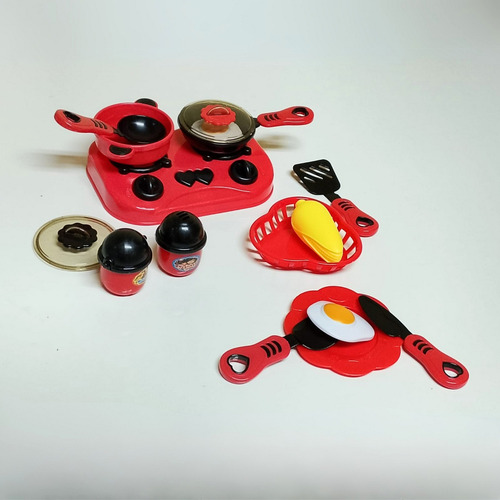Juego De Cocina Infantil Set Infantil Con Sartenes Platitos Rojo
