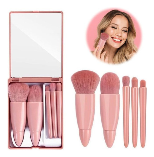 Kit De Pincéis De Maquiagem Rosa Pálido 5 Peças Com Espelho Rosa-pálido
