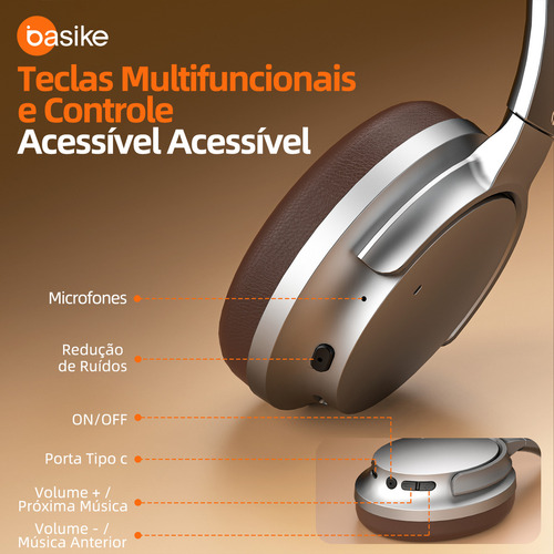 Basike Fone de Ouvido Over-Ear Sem Fio com ANC Ativo 80H Bateria Áudio HD Graves Intensos Espuma com Memória Perfeito para Viagens e Home Office (Prata)