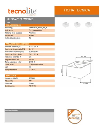 Aplique De Muro Blanco Zibo 3000k 7.5w Tecnolite