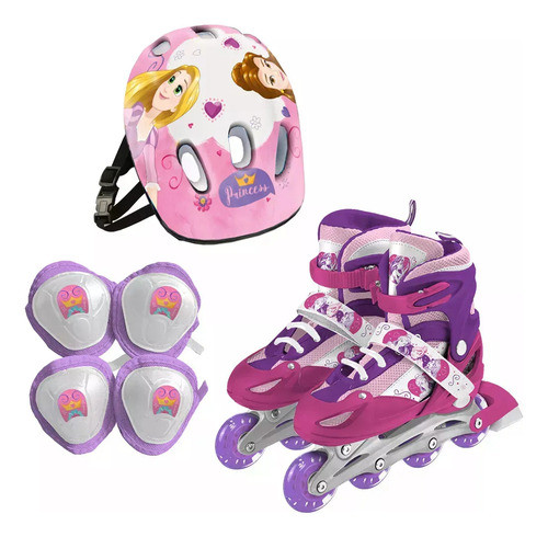 Rollers Princesas Nenas + Kit Protección Casco Y Rodilleras Talle Unico 6.6 Cm Rosa