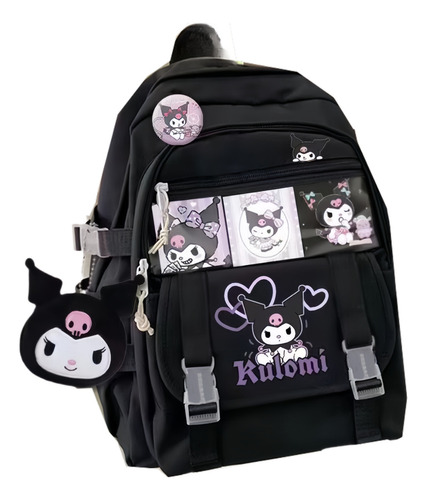 Mochila De Gran Capacidad, Versátil, Bonita, Con Pompones Pu Color Negro Diseño De La Tela Lisa