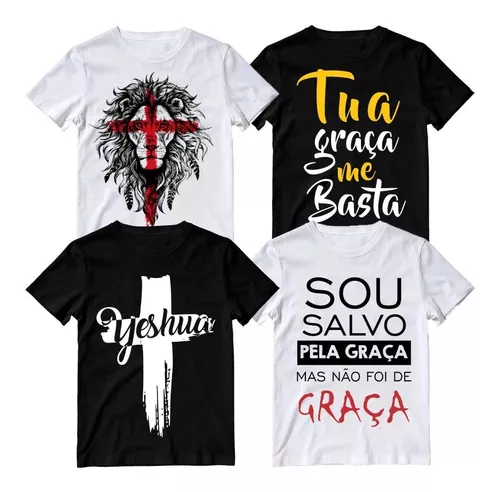 Kit 4 Peças Camisetas Cristã Yeshua Igreja Camisa Jesus Cristo Evangélica  Fé Moda Gospel 100% Algodão Estampada