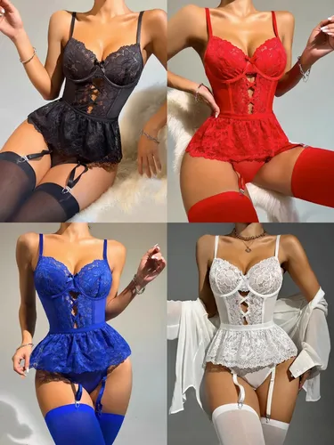 Conjunto Lencería Sexy 3 Piezas Encaje Body-ligas-medias Blanco M