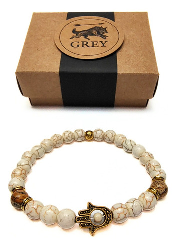 Pulsera De Hombre / Mujer Hamsa Oro Antiguo + Piedra Marfil