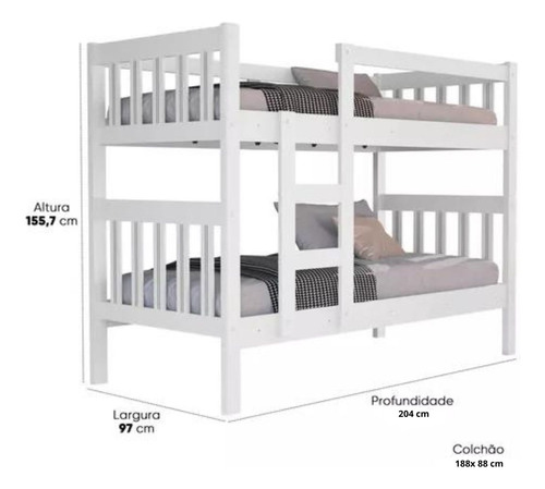 Beliche Com Colchão Conforto E Cama Auxiliar 100% Mdf Cor Branco Liso