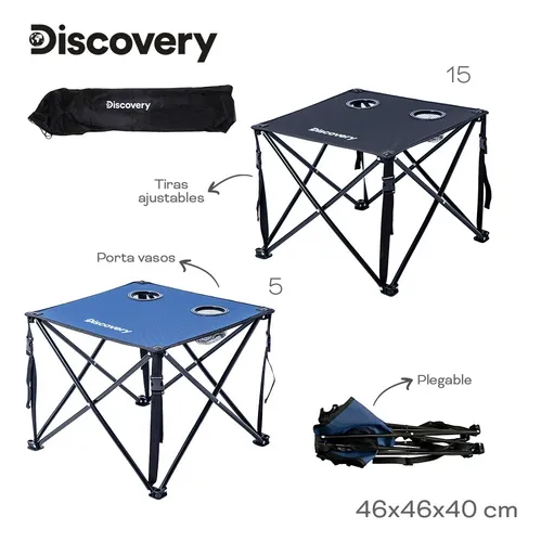 Mesa + 2 Sillas De Camping Discovery Plegable Portavaso Azul