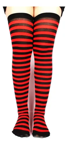 Meia 7 8 Fina Listrada Vermelho E Preto Festas E Fantasia