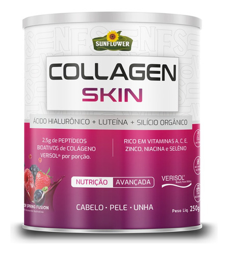 Suplemento Pó Colageno Verisol Hialuronico Vitaminas 250gr Sabor Frutas Deliciosas Sunflower Collagen Skin