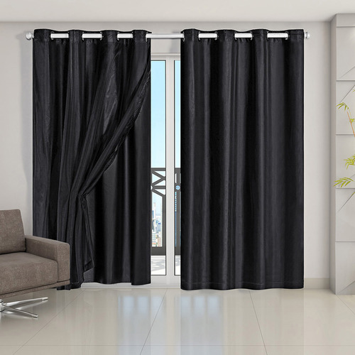 Cortina Blackout Pvc Com Tecido Voil 4,20 M X 2,50 M Cor Preto