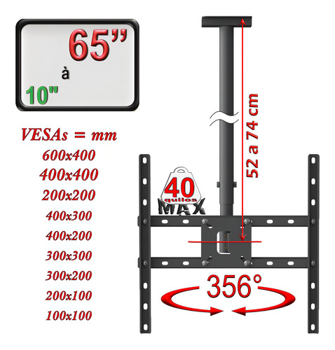 Suporte Teto Tv Receptor Vesa 600x400 Preto