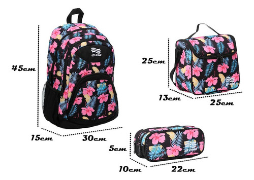 Set Mochila Escolar Lonchera Y Lapicera Diseño Flores Negro Diseño de la tela Estampado