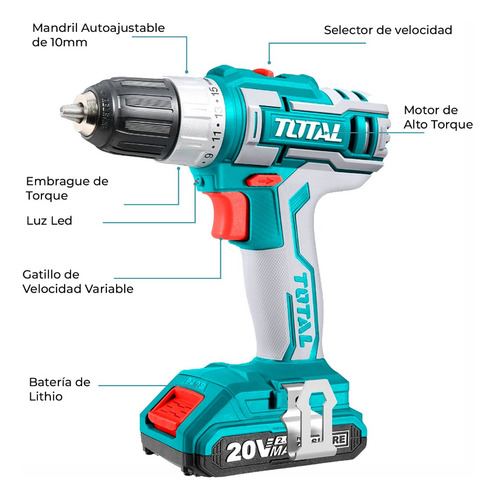 Taladro Atornillador Portátil 3/8' Set Herramientas Total