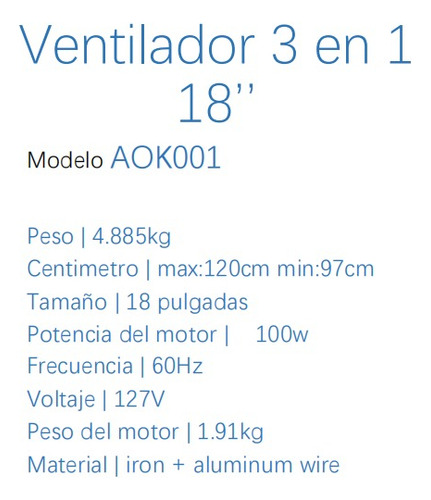 Ventilador 3 En 1 18 Pulgadas Negro Pedestal,piso, Pared