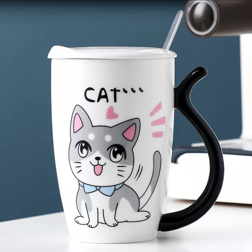 Mug Taza Cuchara Y Tapa Gato Pocillo