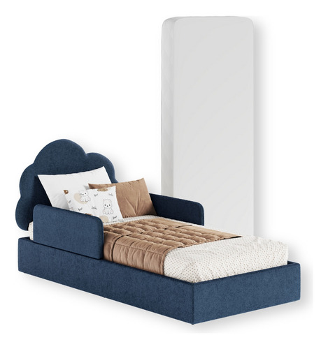 Cama Infantil Montessoriana Menino E Menina Com Proteção Lateral E Cabeceira Moderna Estofada E Robusta Para Quarto Com Colchão Incluso Cor Azul Bonan