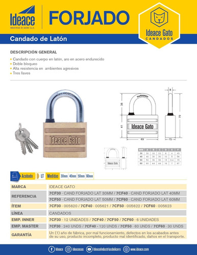 Imagen 2 de 2 de Candado Forjado 60mm Ref.7cf60 Ideace