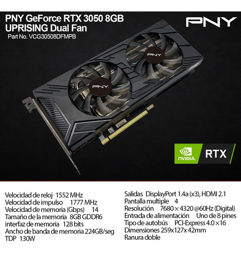 Imagen 3 de 6 de Placa De Video Pny Gforce Rtx 3050 8gb Uprising Dual Fan