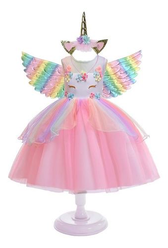 Imagem 1 de 7 de Fantasia Vestido Unicórnio Luxo Festa Infantil Chifre Asas