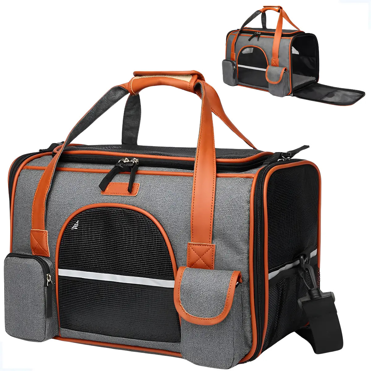 Bolsa De Transporte Pet Luxo Em Couro Avião Carro Cães Gatos Cor Cinza-escuro