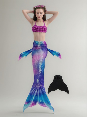 Maiô Sirena Cola Y Bikini Para Meninas Com Monofin, Pacote C