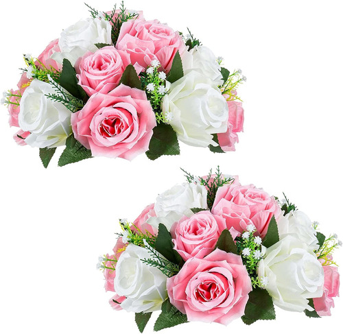 Flores Artificiales 15 Cabezas De Rosas Rosa Y Blan Pack 2u.