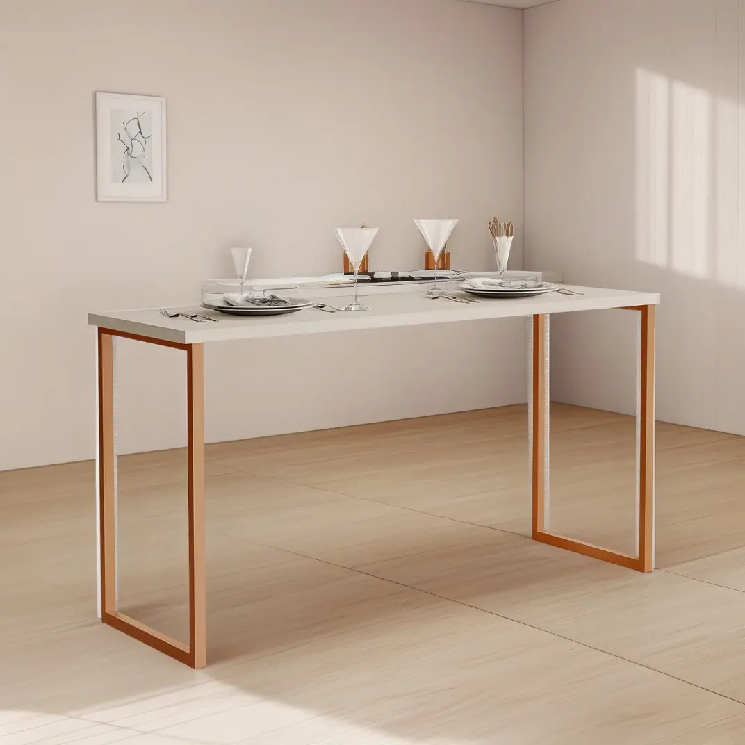 Mesa De Jantar Industrial 1,20 X 0,45 Tampa Off White Pés Cobre