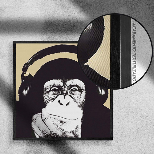 Imagem 2 de 4 de Quadro Canvas Premium 40x40 - Macaco Fone De Ouvido
