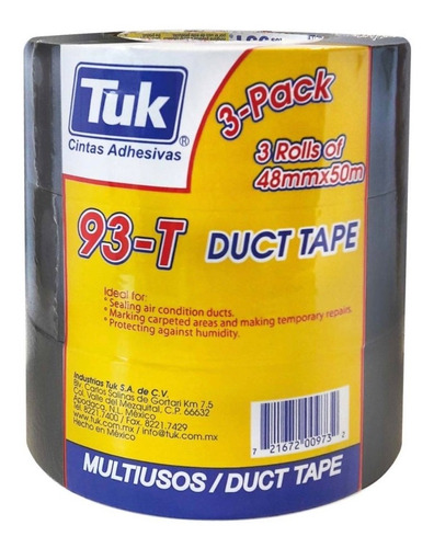 Cinta Duct Tape Tuk Con 3 Rollos De 50 Metros 48 Mm