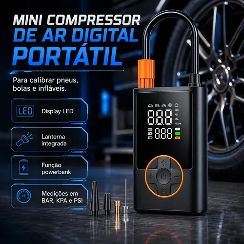 Compressor De Ar Digital Calibrador De Pneu Digital Para Moto E Carro Portátil Bivolt Com Powerbank - R$ 72,75