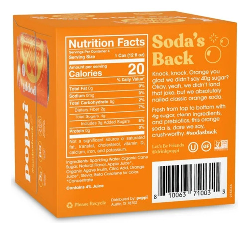 Poppi Refresco Prebiotico Sabor Naranja Paquete De 4, 12floz