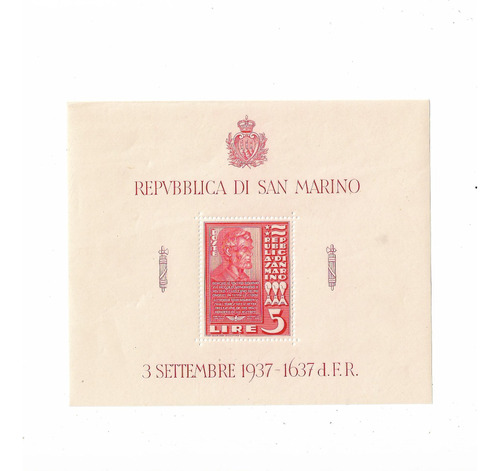 San Marino 1937 Columna De La Independencia H Block Mint 03 