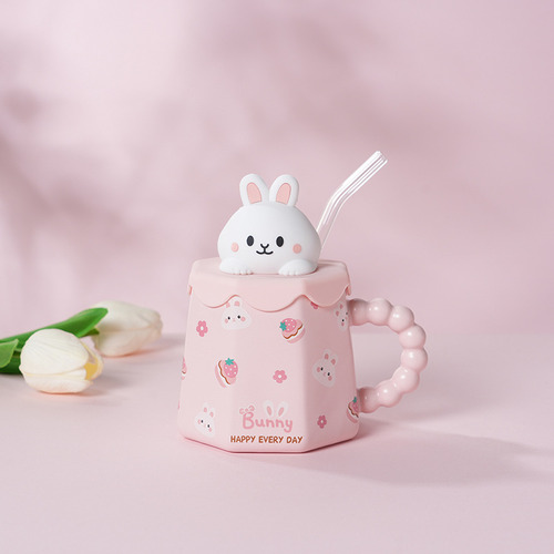 Taza De Cerámica 360 Ml Diseño Animal Con Tapa Y Popote,