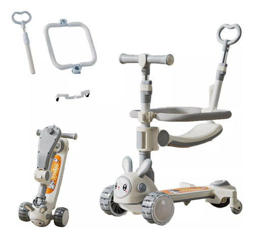 Scooter Plegable Con Asiento Para Niños Luces Led Y Música Gris