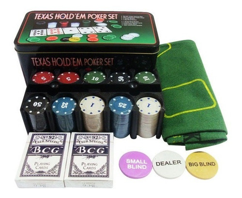 Kit Poker 200 Fichas 2 Baralho Botão D. Pano Verde Lata 0834