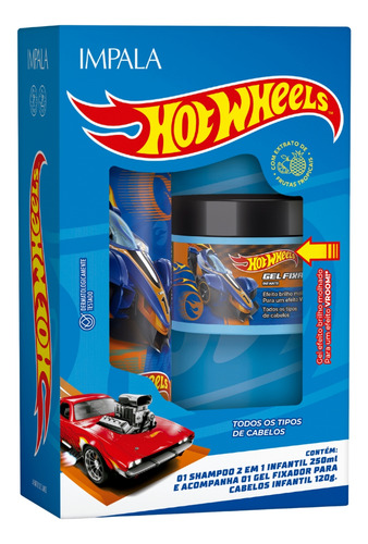 Kit Shampoo 2 Em 1 Gel Fixador Kids Hot Wheels Azul Impala