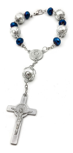 Rosario De San Benito Con Abalorio Azules Profundas, Medalla