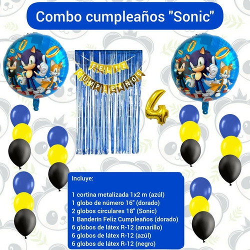 Combo Decoración Cumpleaños Sonic Cortina Banderin Globos