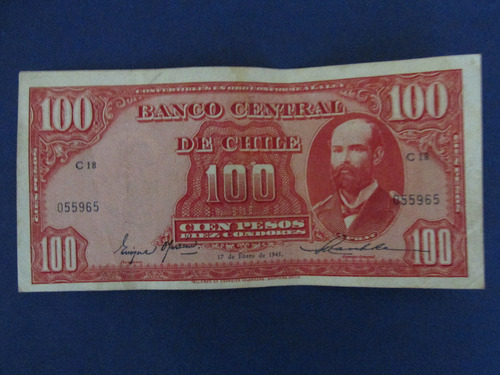 Billete Chile 100 Pesos Firmado Oyarzun-maschke Año 1945