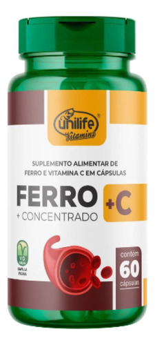 Suplemento Unilife Ferro Concentrado e Vitamina C 60 Cápsulas