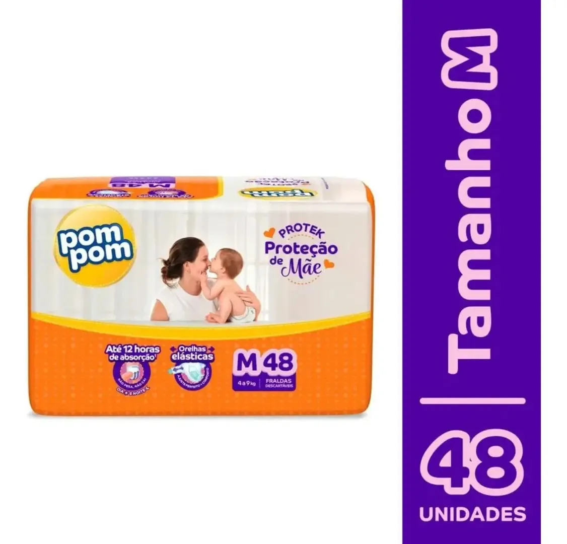 Fralda Pom Pom Derma Protek Tamanho Médio (M) Com 48 Unidades