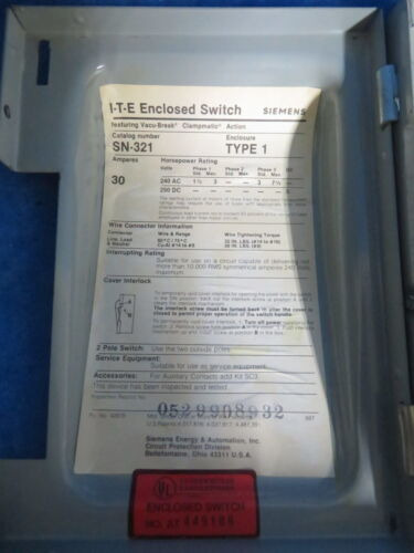 Ite Siemens Sn321 1 Phase 30amp 240v Type 1 Enclosed Swi Ssa