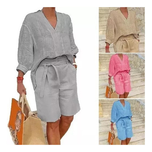 Conjunto De Camisa Y Pantalón De Lino Y Algodón Para Mujer