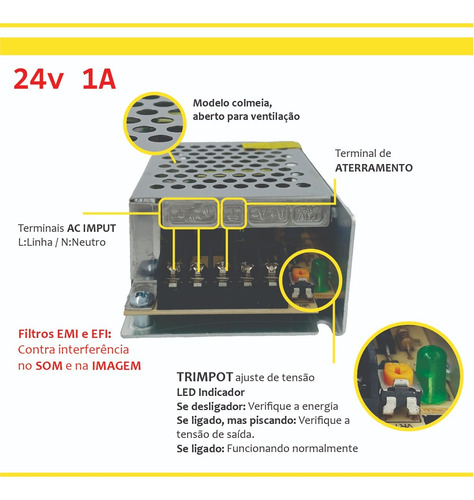 Fonte De Alimentação 24v 25w 1a Chaveada Bivolt Automática