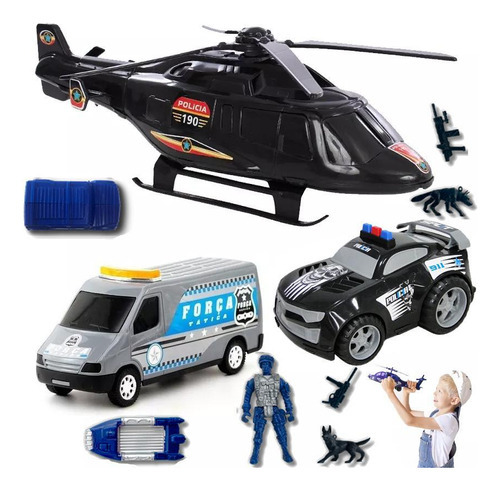 Kit Helicóptero De Brinquedo Força Tática Van Carro Polícia