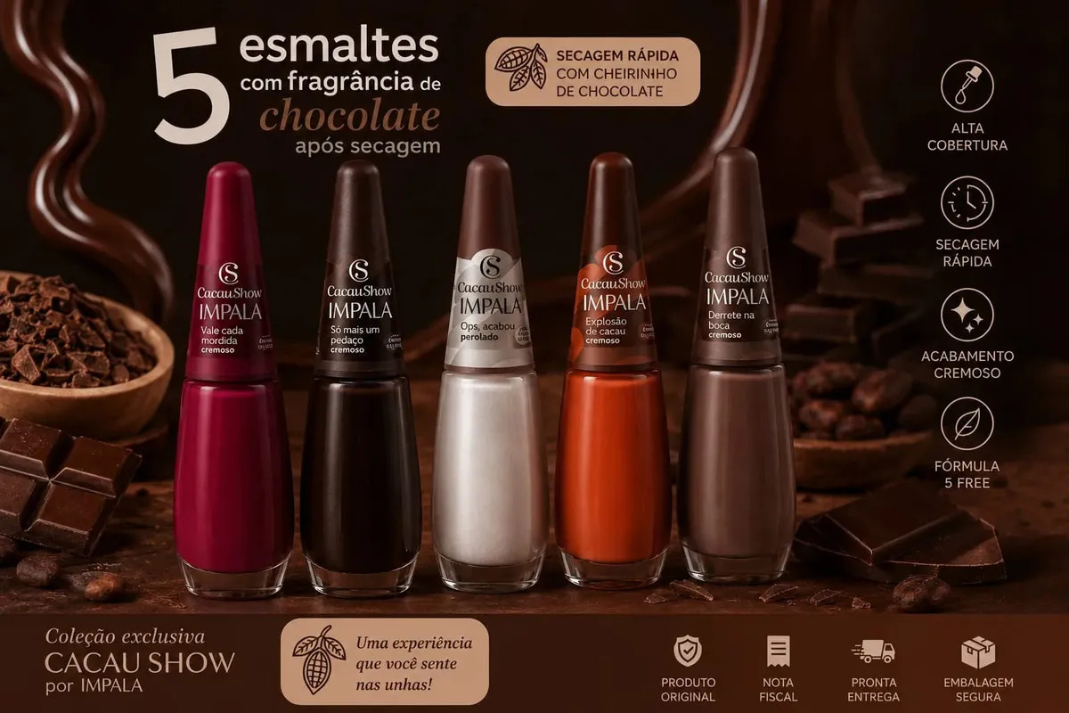 Kit 5 Esmaltes Cacau Show Coleção Completa Manicure Impala