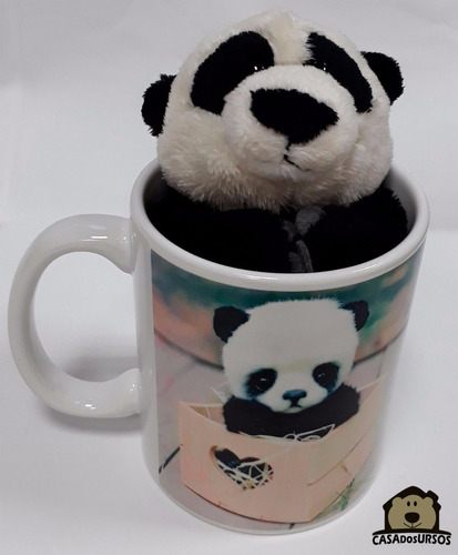 Urso Na Caneca 330ml + Panda De Pelúcia 15cm Tema Café Manhã