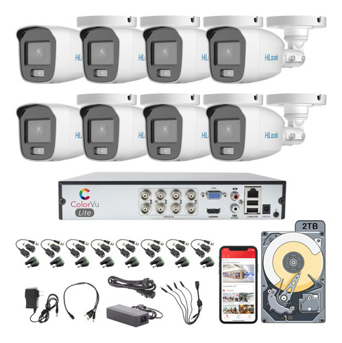 Kit Circuito Cerrado Hilook Dvr 8 Canales 8 Camaras 1080p 2mp Full Hd Thc-b129-p Colorvu Video A Color Las 24/7 Video Baluns Disco Duro 2tb