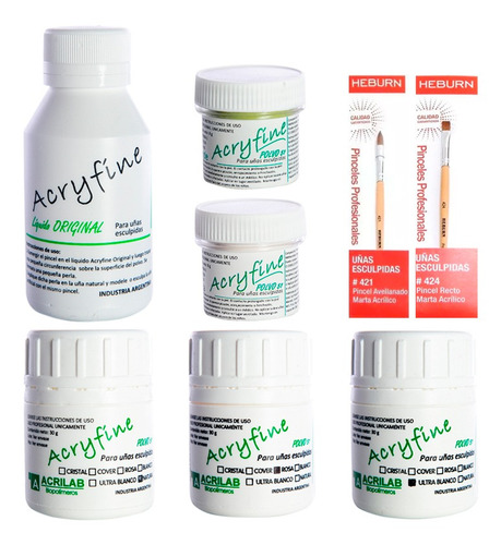 Acryfine Kit X4 Polímeros + Monómero +set X2 Heburn Pinceles